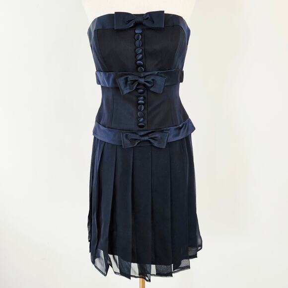 Kathryn Dresses & Skirts - Y2k Silk Drop-Waist Dress Navy Pleated Button & Bow Kathryn Conover - Size 2